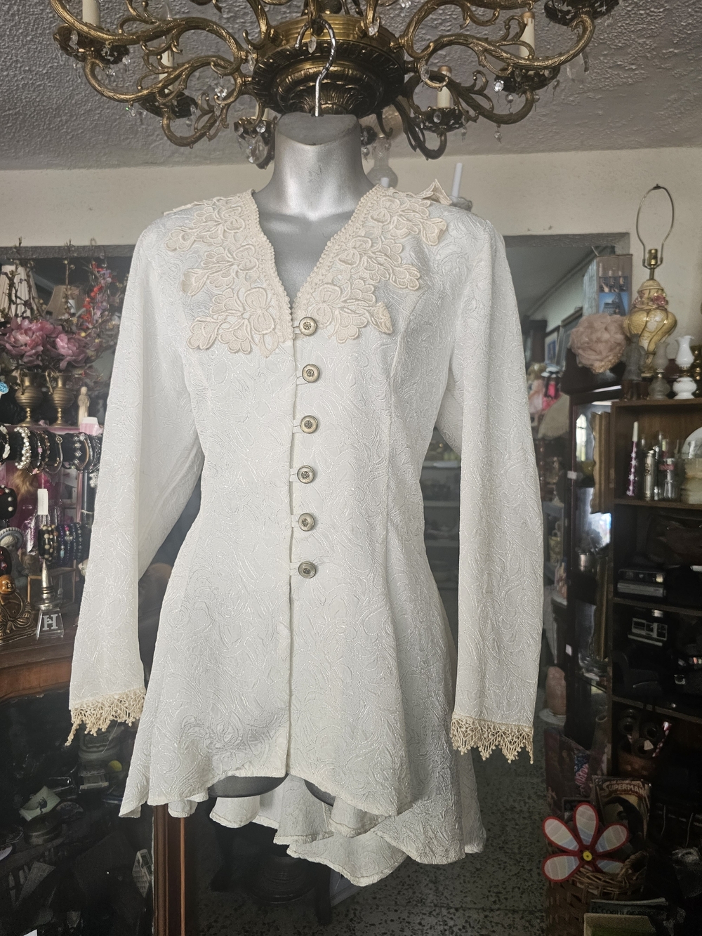 Ivory Lace Button-Front Peplum Blazer with Floral Appliqué